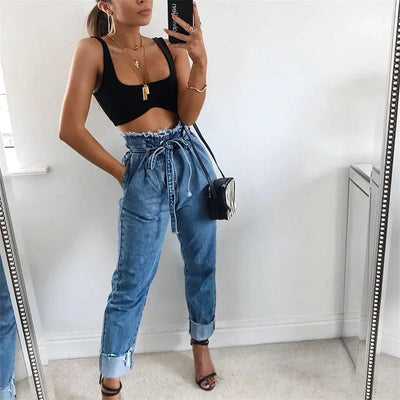 Women's High-Waisted Washed Denim Pencil Pants