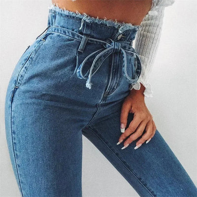 Women's High-Waisted Washed Denim Pencil Pants